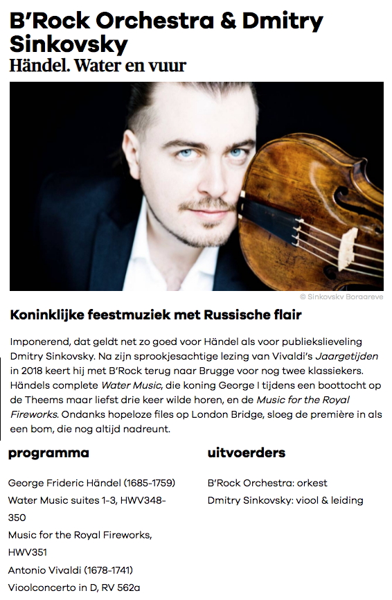 Page Internet. Concertgebouw Brugge. B-Rock Orchestra & Dmitry Sinkovsky - Händel. Water en vuur. 2022-04-22
